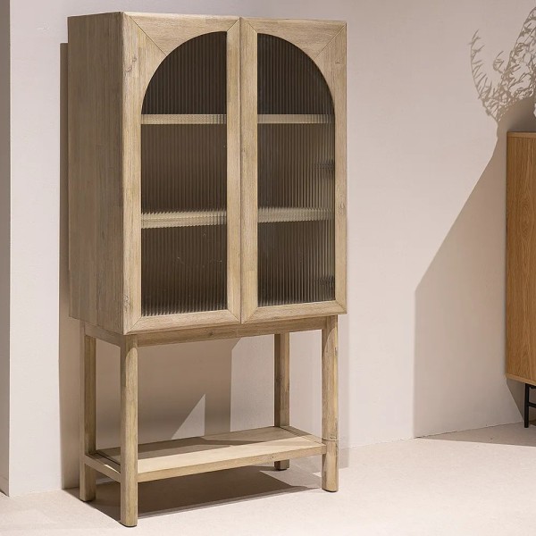 VITRINA PATA ALTA MADERA NATURAL ACACIA 2 PUERTAS CRISTAL ACANALADO 80X40X160