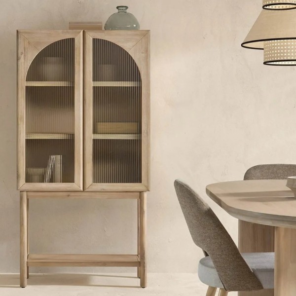 VITRINA PATA ALTA MADERA NATURAL ACACIA 2 PUERTAS CRISTAL ACANALADO 80X40X160