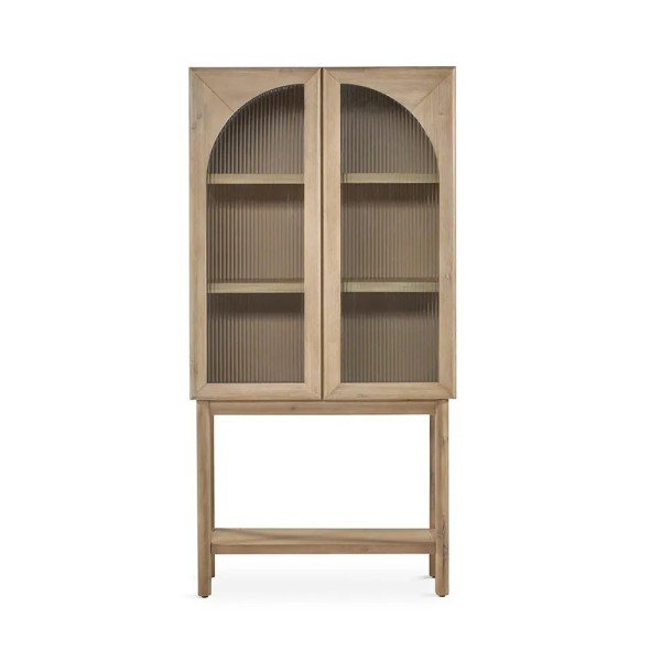 VITRINA PATA ALTA MADERA NATURAL ACACIA 2 PUERTAS CRISTAL ACANALADO 80X40X160