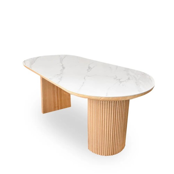 Mesa ovalada roble y porcelánico mármol | Tapidecor