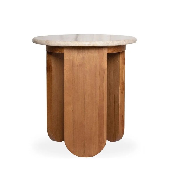 MESA AUXILIAR ALTA REDONDA 3 PATAS MADERA NATURAL TAPA MARMOL 40X40X45 CM