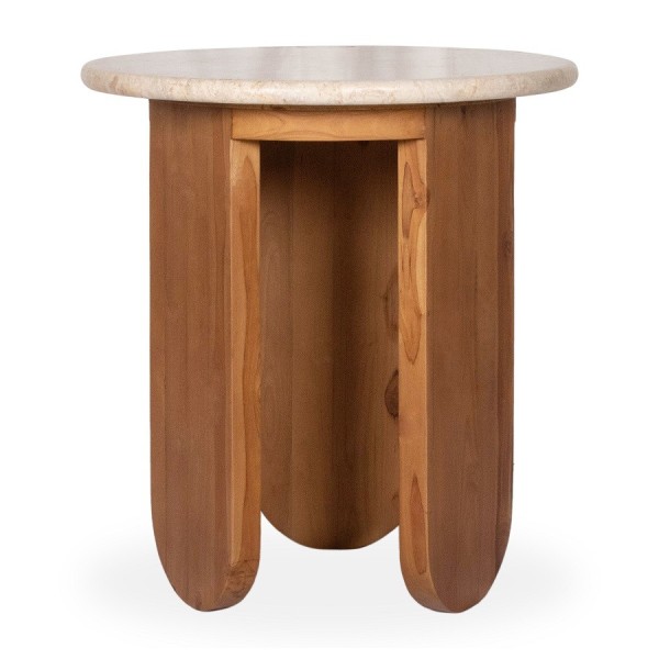 MESA AUXILIAR ALTA REDONDA 3 PATAS MADERA NATURAL TAPA MARMOL 40X40X45 CM