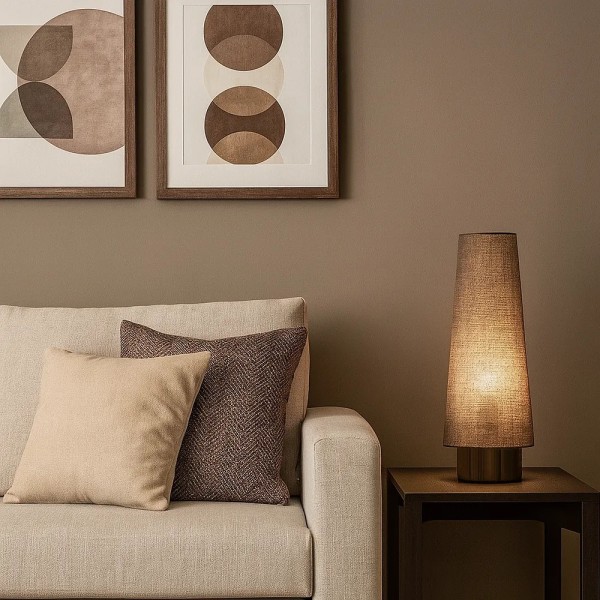 Lámpara de mesa alta lino con base de madera nogal 53x19 | Tapidecor