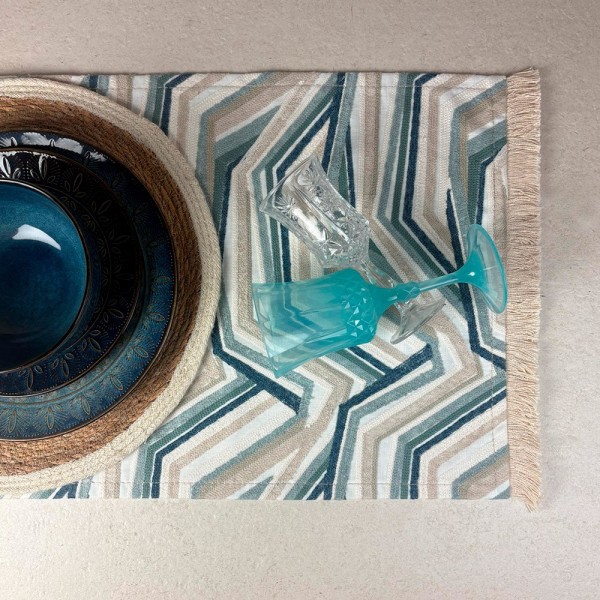 Mantel individual tela geométrica beig azul fleco 57X38