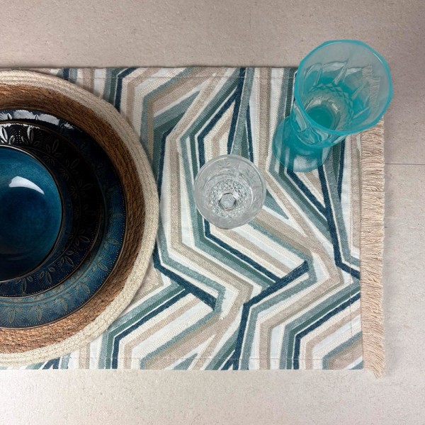 Mantel individual tela geométrica beig azul fleco 57X38