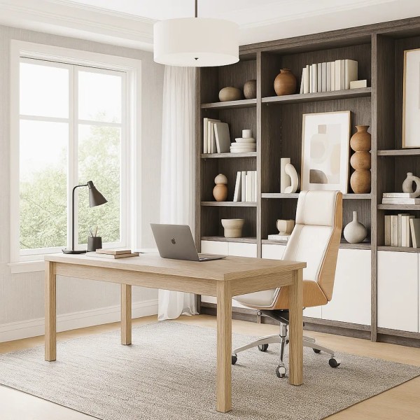 Silla oficina giratoria blanca madera y polipiel | Tapidecor