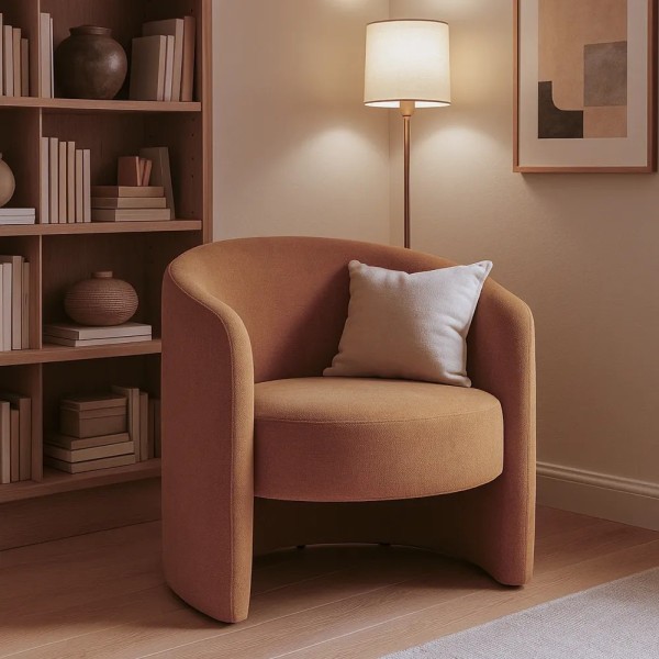 Sillón asiento redondo tapizado en tono caldera | Tapidecor