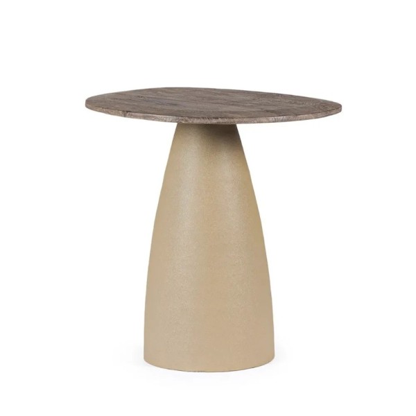 MESA AUXILIAR REDONDA MADERA MANGO RÚSTICA  PATA CÓNICA ACERO EPOXI 50X43X50