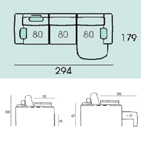NUBE SOFÁ 2P 80 DESLIZ MOTOR CHAISE DCHA (S.ZERO) 294X179