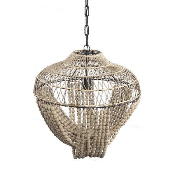 Lámpara techo  metal negro cuentas collar marrón claro 50x157x50