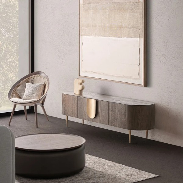 APARADOR OVALADO MADERA ROBLE Y ACERO ORO  220X48X81 CM