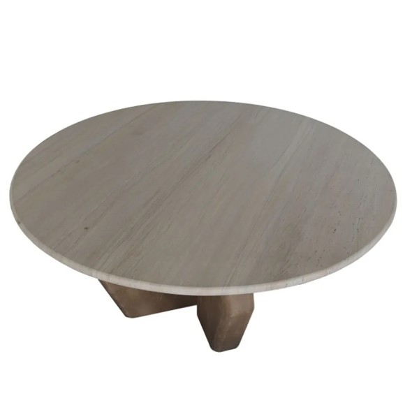 MESA CENTRO TAPA MARMOL PIE MADERA NOGAL 91X91X40