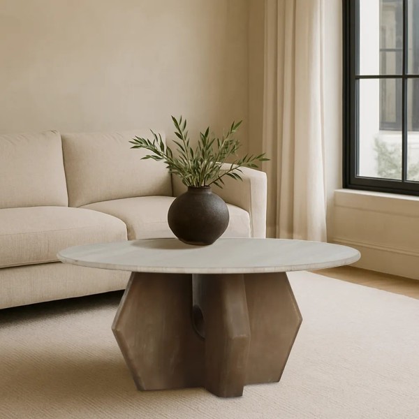 MESA CENTRO TAPA MARMOL PIE MADERA NOGAL 91X91X40