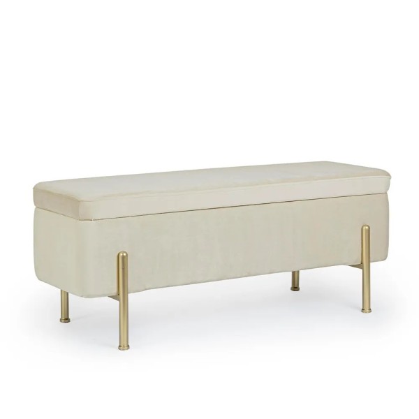 Banco tapizado beige con almacenaje y patas doradas | Tapidecor