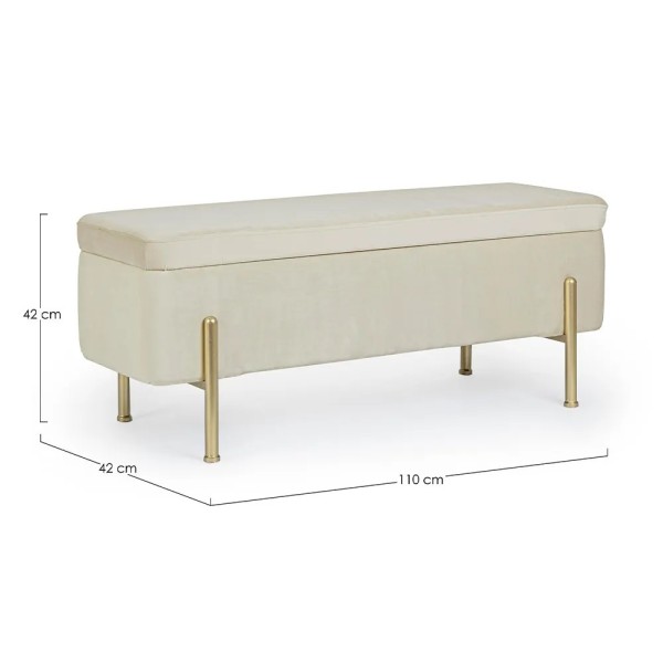 Banco tapizado beige con almacenaje y patas doradas | Tapidecor