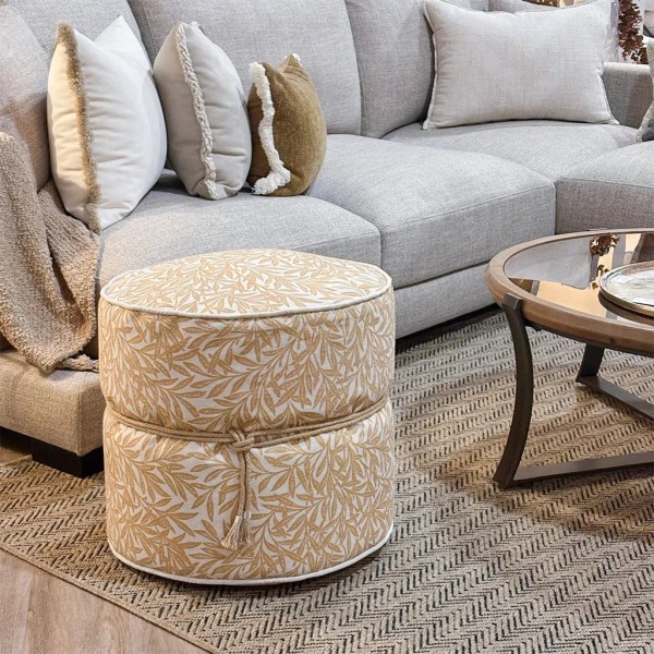 Pouff redondo hojas ocre con nudo de yute | Tapidecor