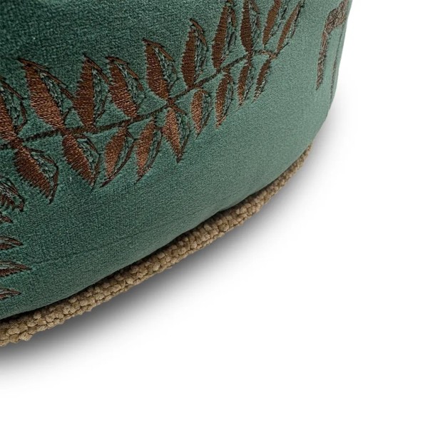 Pouff redondo verde oscuro bordado cordón yute   50X50X45