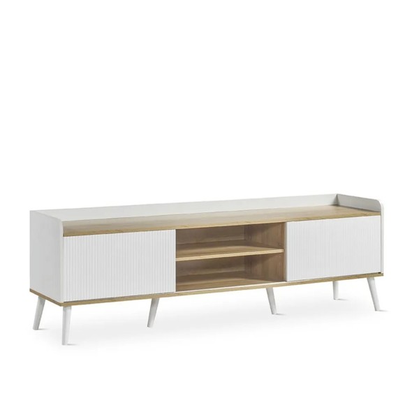 Mueble TV blanco y roble con puertas acanaladas 180×45×58 | Tapidecor