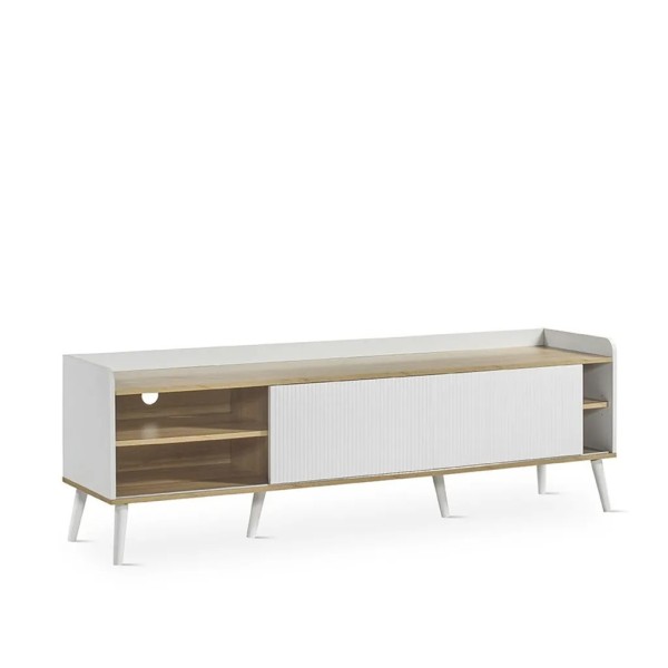 MUEBLE TV BLANCO ACANALADO Y MADERA  180X45X58 CM