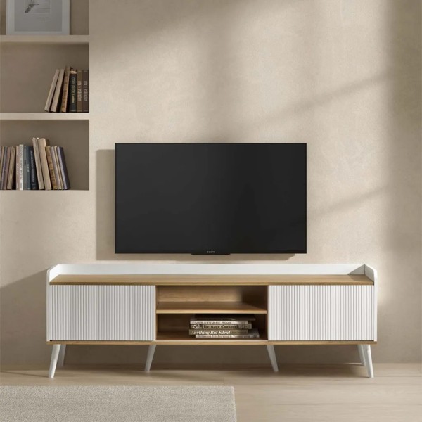 Mueble TV blanco y roble con puertas acanaladas 180×45×58 | Tapidecor