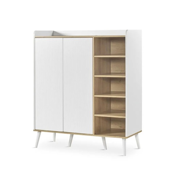 Mueble almacenaje blanco y roble con puertas acanaladas 110×45×130 | Tapidecor
