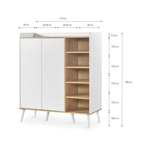 Mueble almacenaje blanco y roble con puertas acanaladas 110×45×130 | Tapidecor