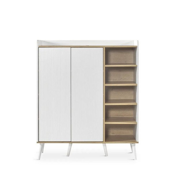 Mueble almacenaje blanco y roble con puertas acanaladas 110×45×130 | Tapidecor