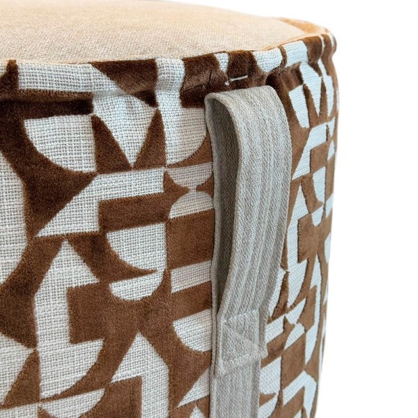 Pouff redondo terciopelo geométrico bronce y tapa beige 70×43 | Tapidecor