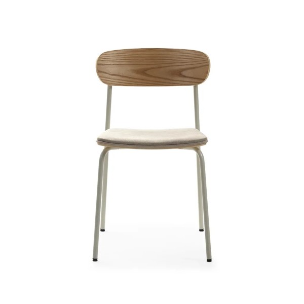 Silla tapizada beige respaldo madera patas crema | Tapidecor