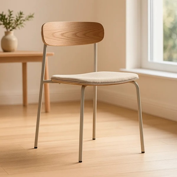 Silla tapizada beige respaldo madera patas crema | Tapidecor