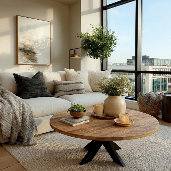 Mesa centro redonda tapa madera patas negras diseño moderno | Tapidecor