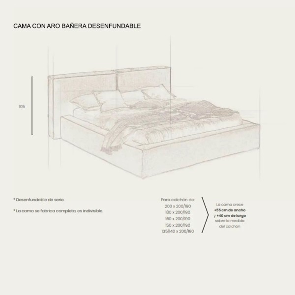 Cama completa aro bañera desenfundable 150X190 Tejido serie C+Base Tapizada 205X234x105