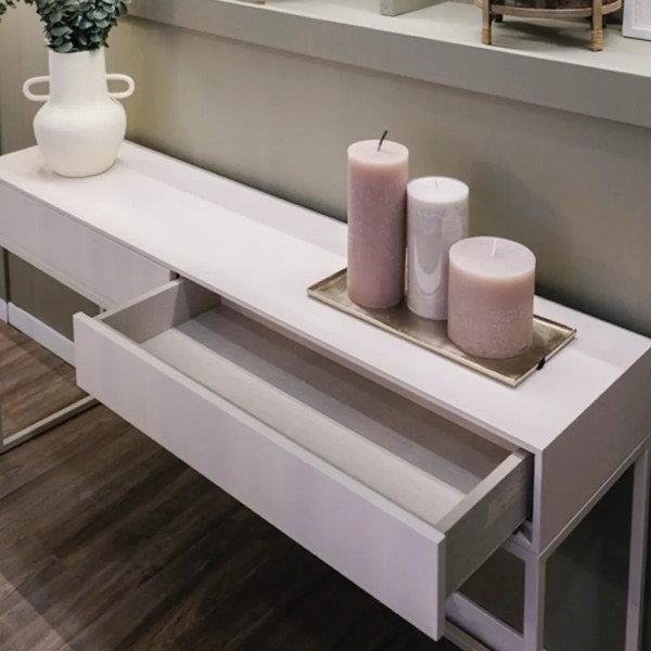 Consola 2 cajones laca beige mate con patas metálicas 150x35x80 | Tapidecor