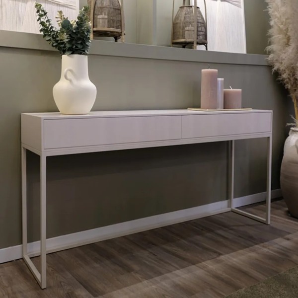 Consola 2 cajones laca beige mate con patas metálicas 150x35x80 | Tapidecor