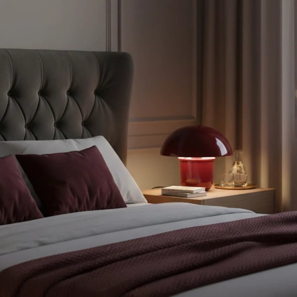 Lámpara mesa metal esmaltado rojo burdeos diseño compacto 29x29x27 | Tapidecor