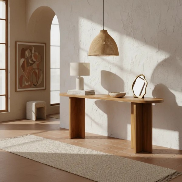 Consola madera teca tapa ovalada marrón diseño escultórico 180x38x80 | Tapidecor