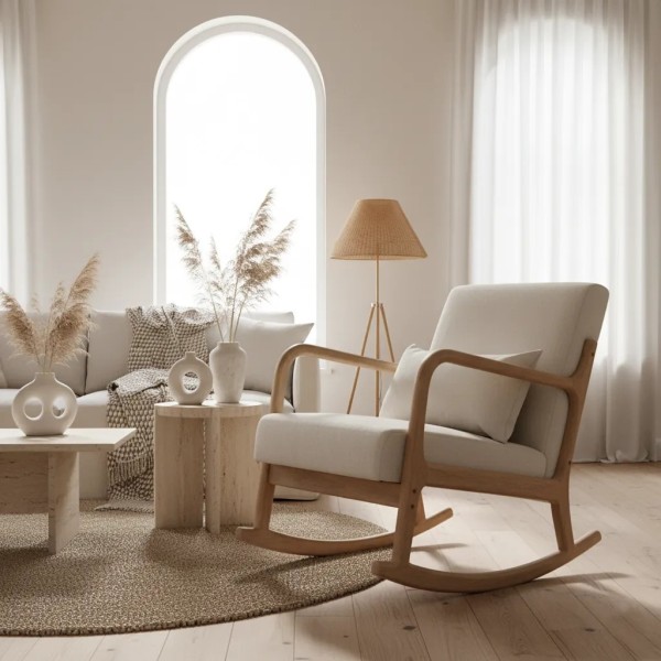 Butaca mecedora madera lino beige | Tapidecor