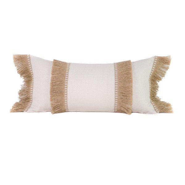 Cojín decorativo blanco roto fleco doble rafia 60X30, Relleno Premium incluido