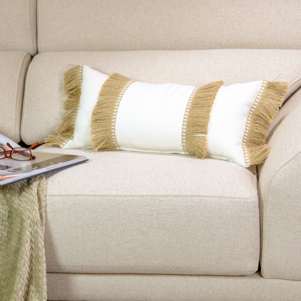 Cojín decorativo blanco roto fleco doble rafia 60X30, Relleno Premium incluido