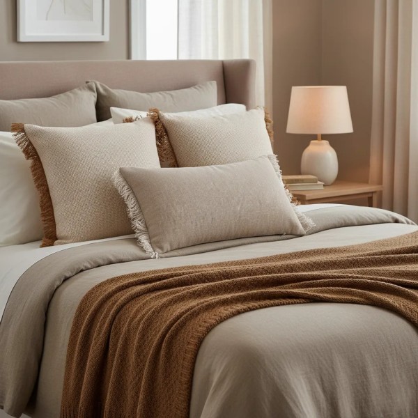 Cojín decorativo beige 60x60  relleno premium incluido fleco rafia