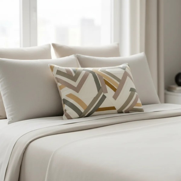 Cojín Bordado aristas Beige pestaña minima 70X50 Relleno premium incluido