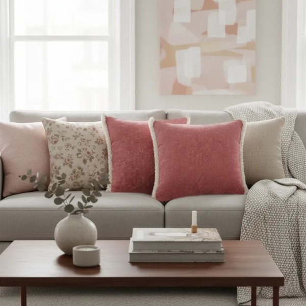 Cojín liso rosa amoratado fleco blanco 60X40 Relleno Premium incluido