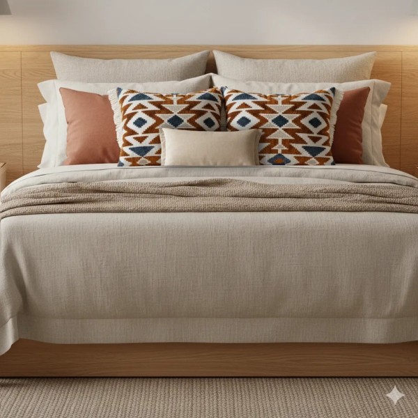 Cojín geométrico bordado con flecos rizados | Tapidecor