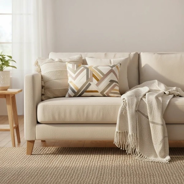 Cojín Bordado aristas Beige pestaña minima 60X40 Relleno premium incluido