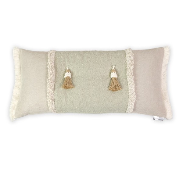 Cojín artesanal beige-verde flecos y borlones centrales | Tapidecor