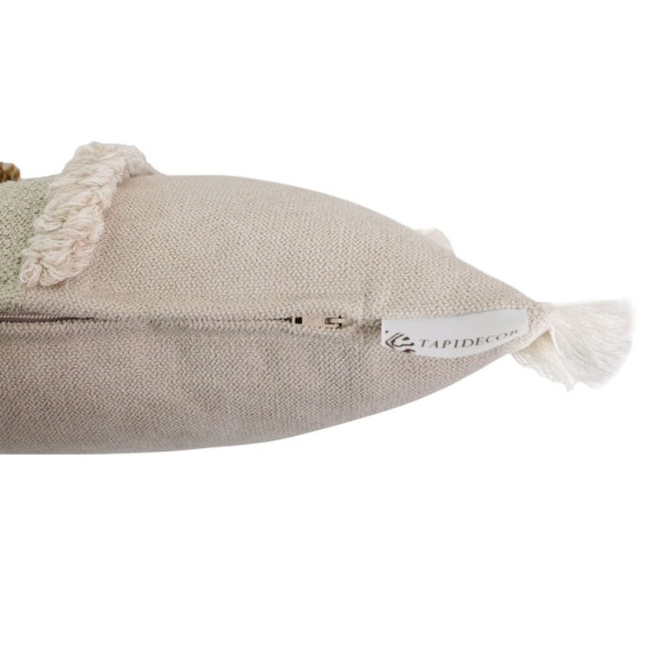 Cojín gris banda verde flecos borlón centro 60X30 Relleno Premium incluido