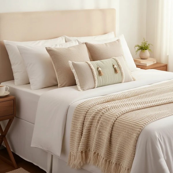 Cojín artesanal beige-verde flecos y borlones centrales | Tapidecor