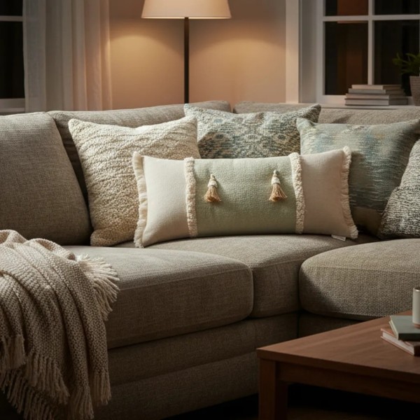 Cojín artesanal beige-verde flecos y borlones centrales | Tapidecor