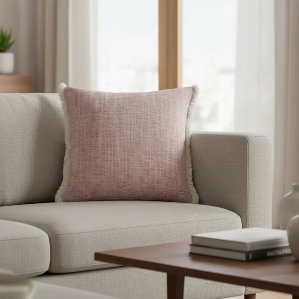 Cojín rosa palo chenilla jaspe fleco blanco 45X45 Relleno Premium Incluido