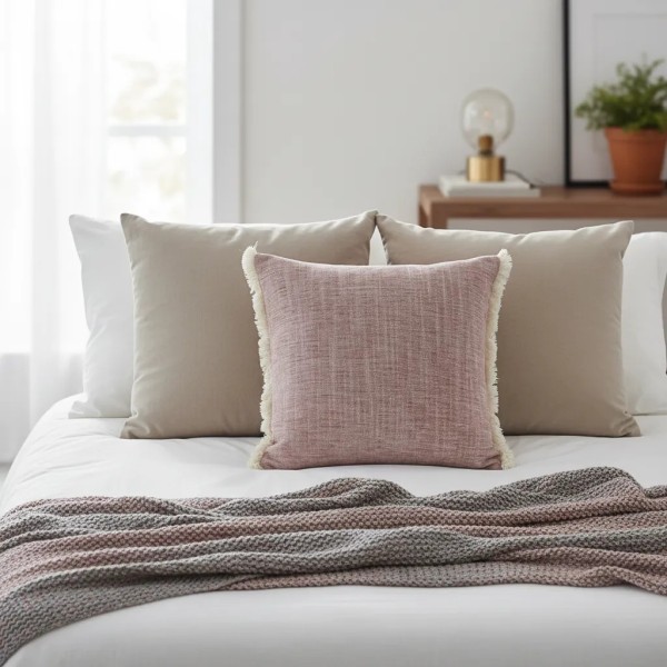 Cojín rosa palo chenilla jaspe fleco blanco 45X45 Relleno Premium Incluido